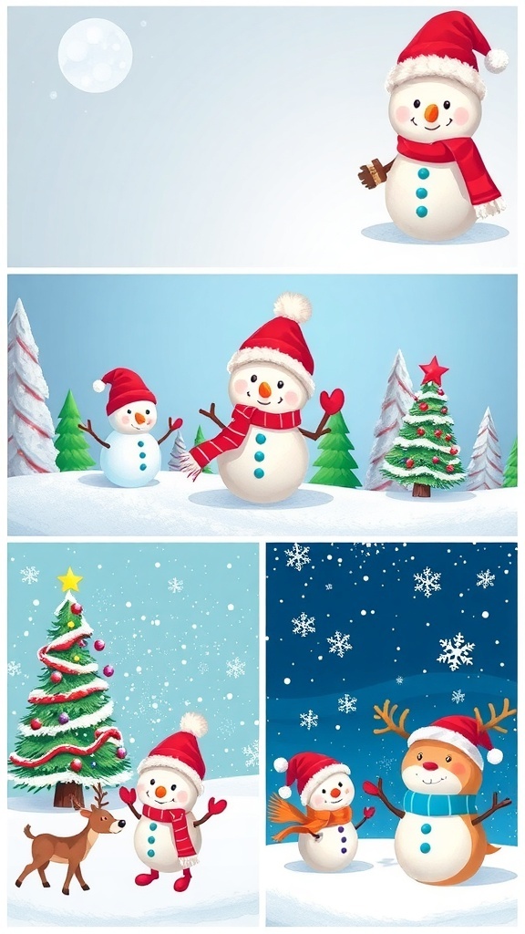Cute Christmas wallpapers in 4K featuring snowmen, Christmas trees, and reindeer.